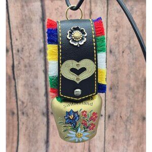Vintage Swiss Cow Bell Switzerland Souvenir Floral Brass Tone Cowbell With Strap